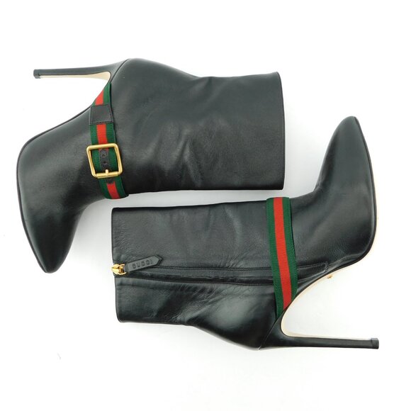 GUCCI Signature Webbed Buckle Black Leather Heeled Ankle Boots 35.5 - Picture 6 of 10